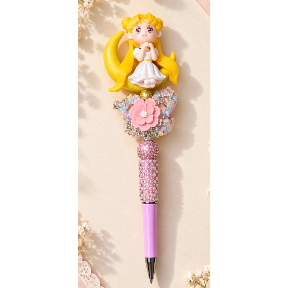 Pink Crescent Moon Doll Pen, Rhinestone Beaded Pen